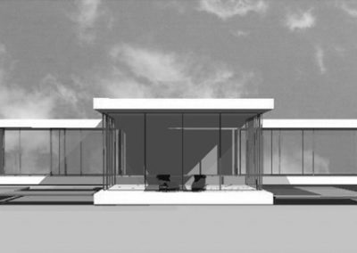 Entwurf eines Patiohaus mit großen Glasfronten und geschlossenen Fassadenflächen